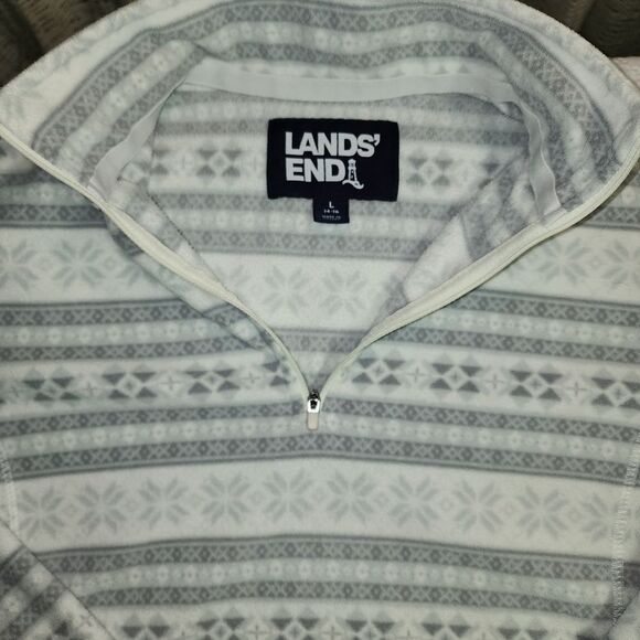 Lands end womens pullover fair isle white grey full zip fleece size large winter - Picture 2 of 9